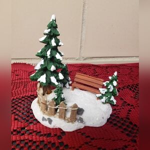 Holiday Village Scene with Snowy Trees Bench Fence Woodland Accent Display